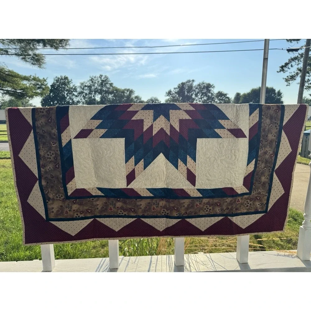 Handmade Signed Lap Quilt Walk With Jesus 2009 Burgundy Blue Throw 48x47